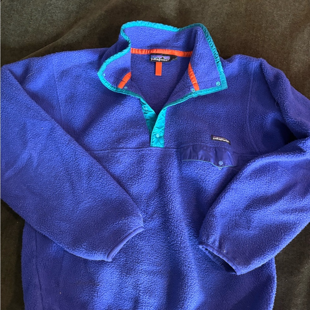 Patagonia Blue Fleece with Turquoise and Orange Trim